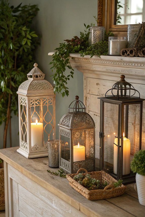 lanterns enhance fireplace decor