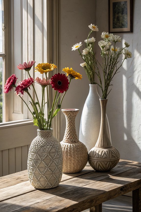 textured vases enhance arrangements