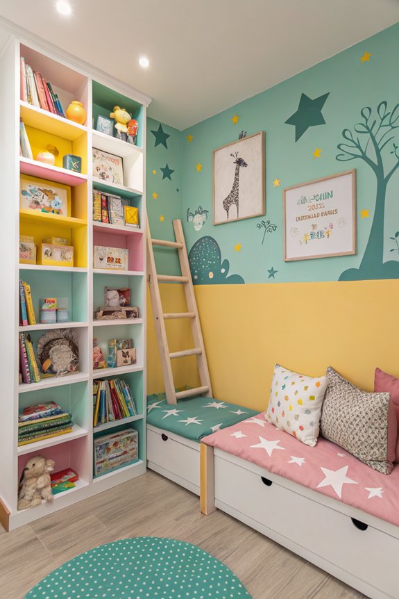 colorful bookshelf reading corner