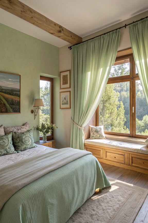 sage green curtains enhance coziness