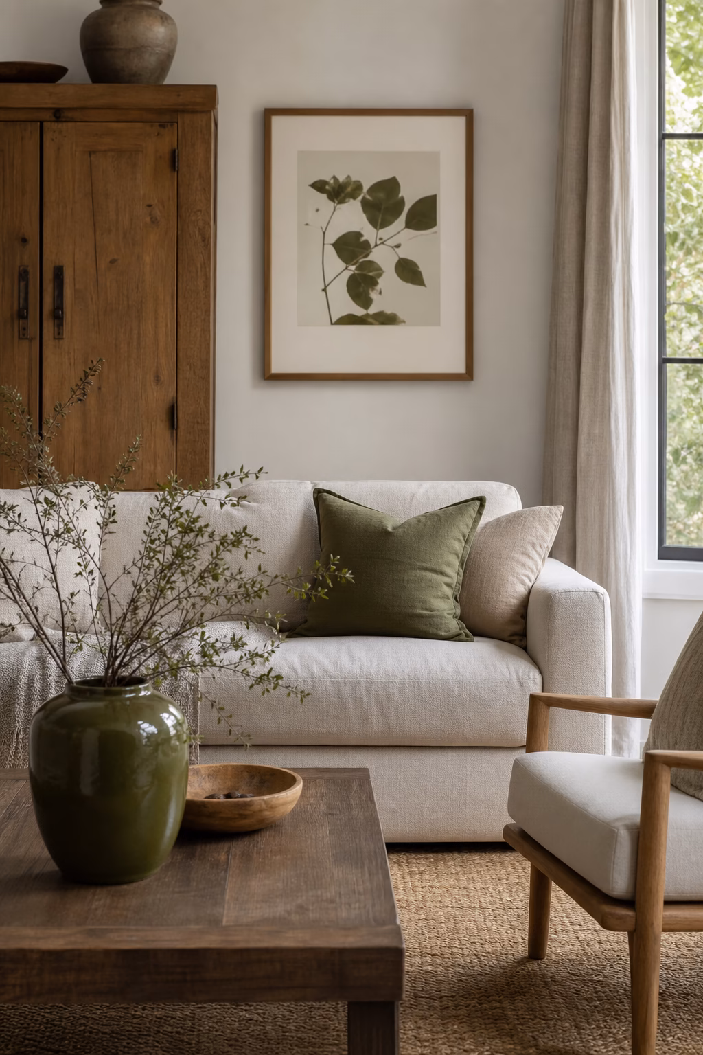 Olive green accent color repeated three times in affordable room decor