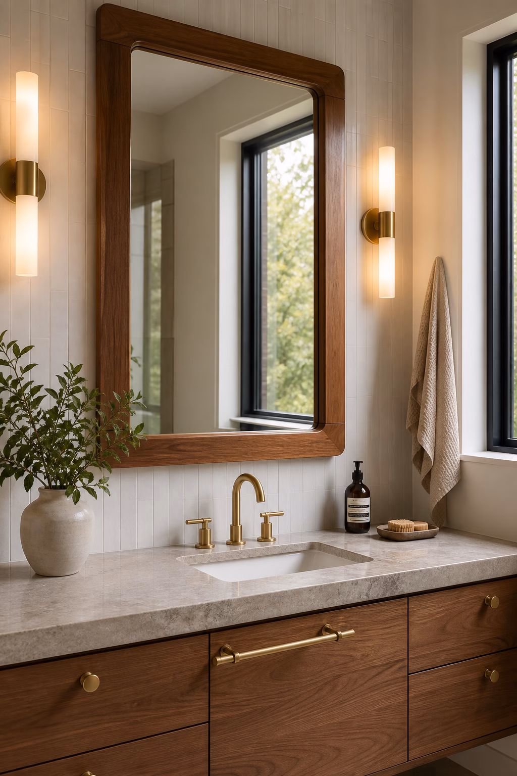 Refined bathroom vanity with a stone tray, soap, hand cream, folded towel, and clear counter space