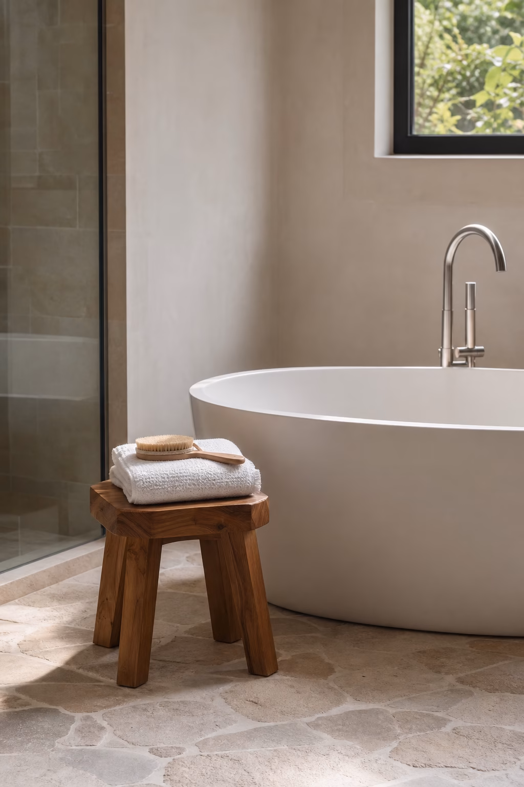 Tailored bathroom vanity with repeated aged brass faucet, mirror frame, pulls, and towel ring