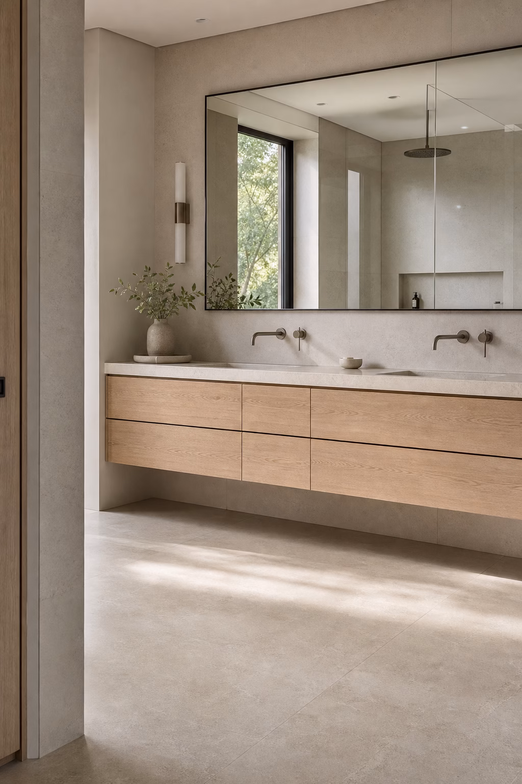 Bathroom with woven baskets under an open oak vanity, folded towels, and stone floor
