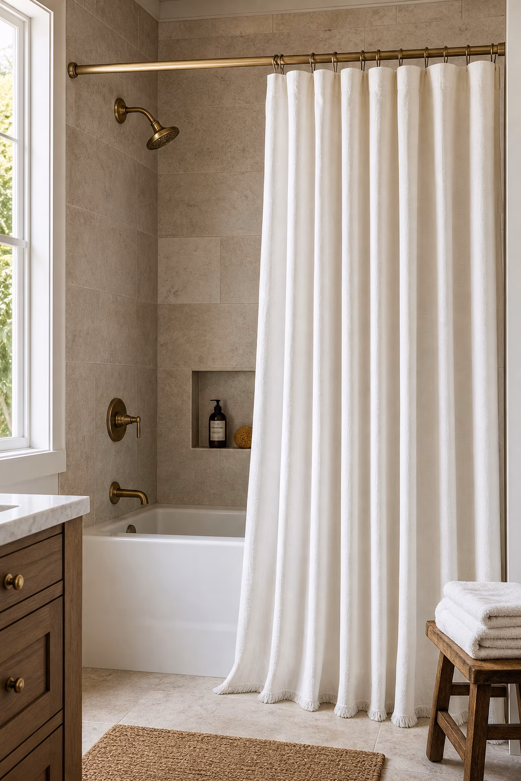 Stylish tub-shower bathroom with high warm white linen curtain, brass rod, and stone-look tile