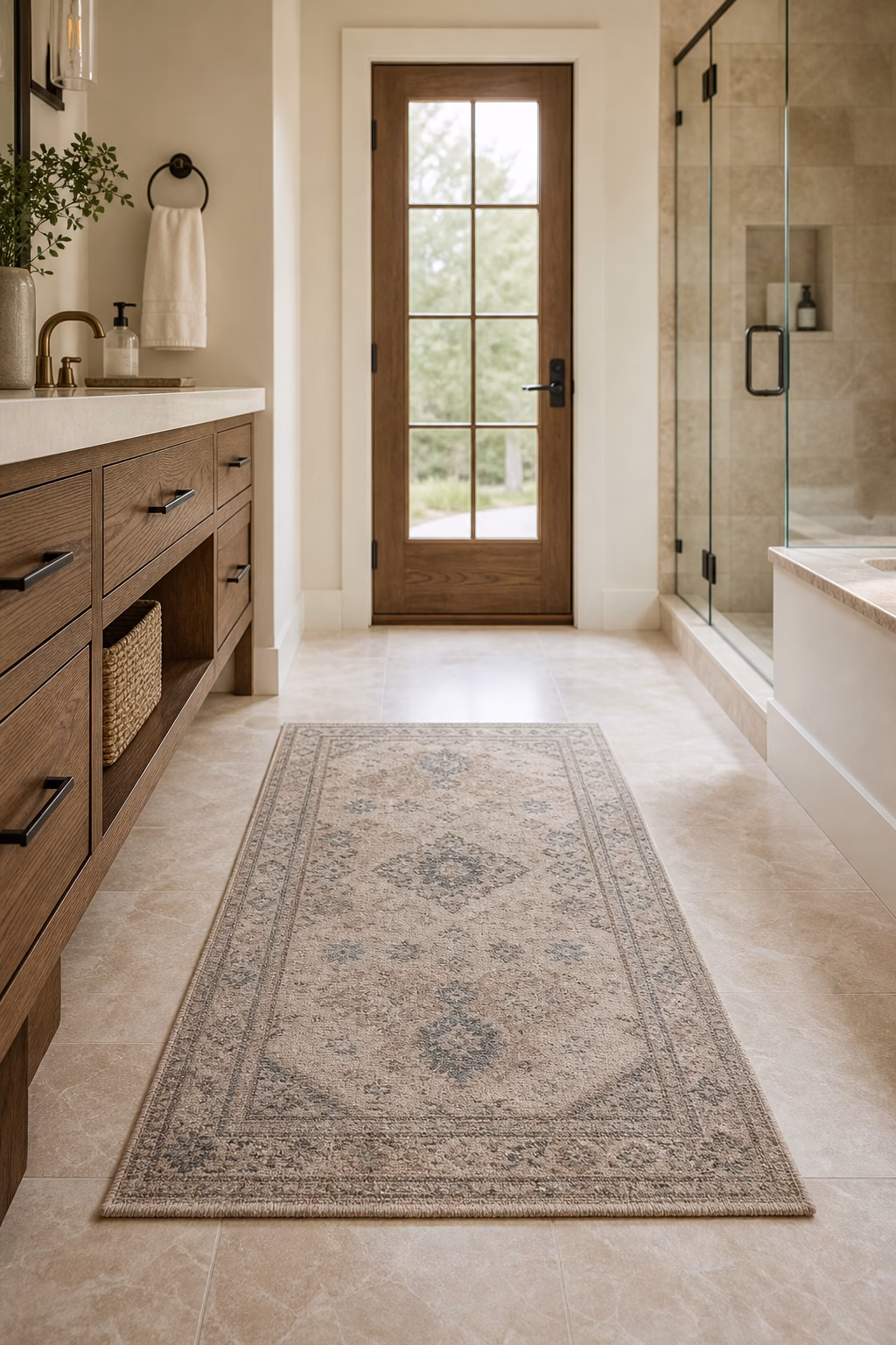 Refined bathroom floor with muted cotton bath rug, warm stone tile, and wood vanity