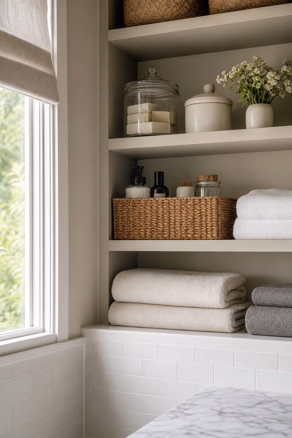 Bathroom shelf with glass jar, ceramic box, woven bin, folded towels, and organized everyday items