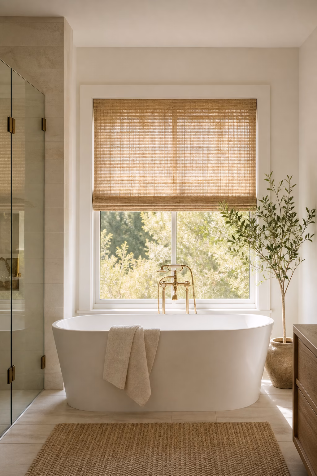 Bright bathroom window with woven shade, freestanding tub, pale tile, and soft filtered daylight