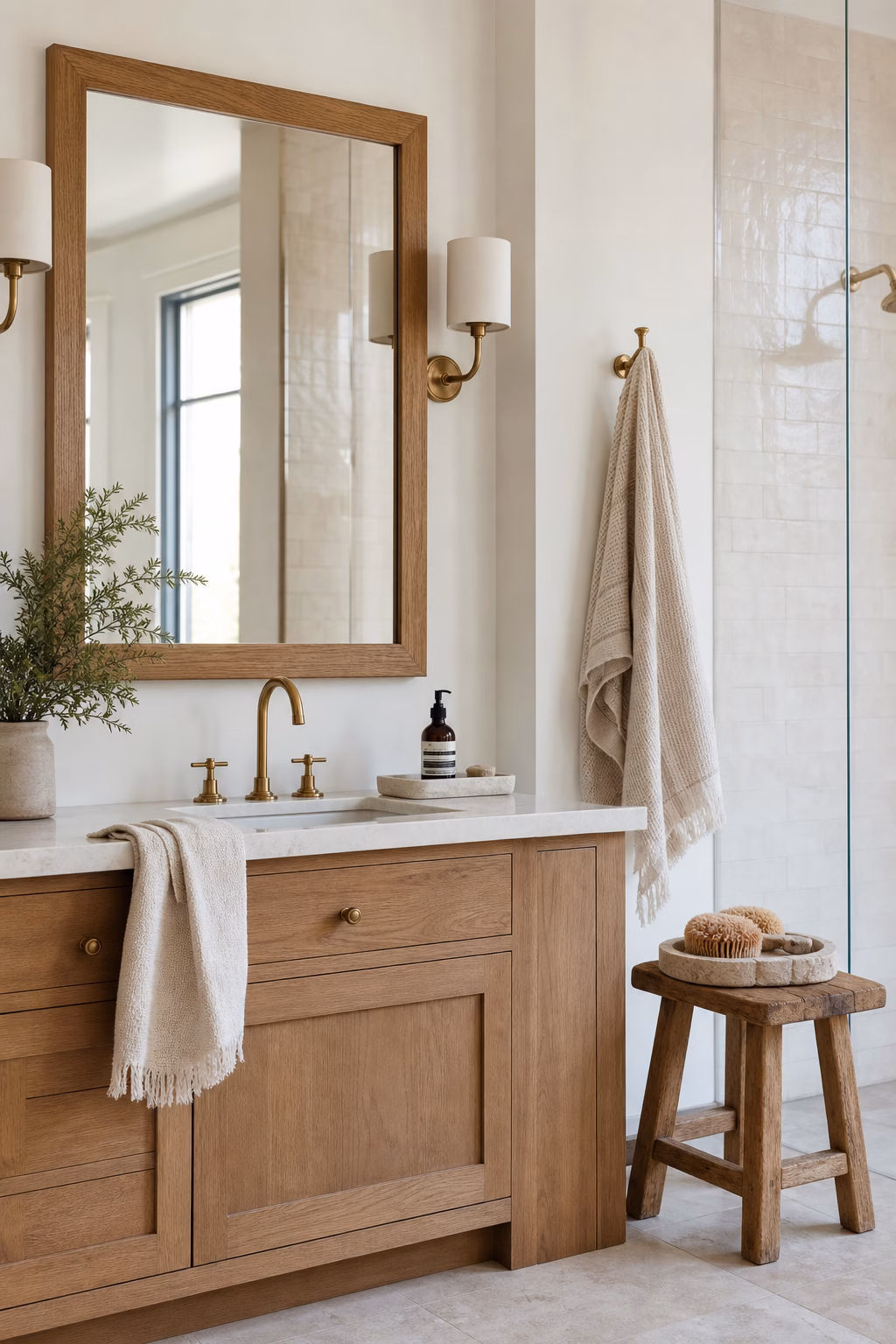 Polished bathroom with repeated oak accents, stone tray, brass hook, neutral tile, and cohesive styling