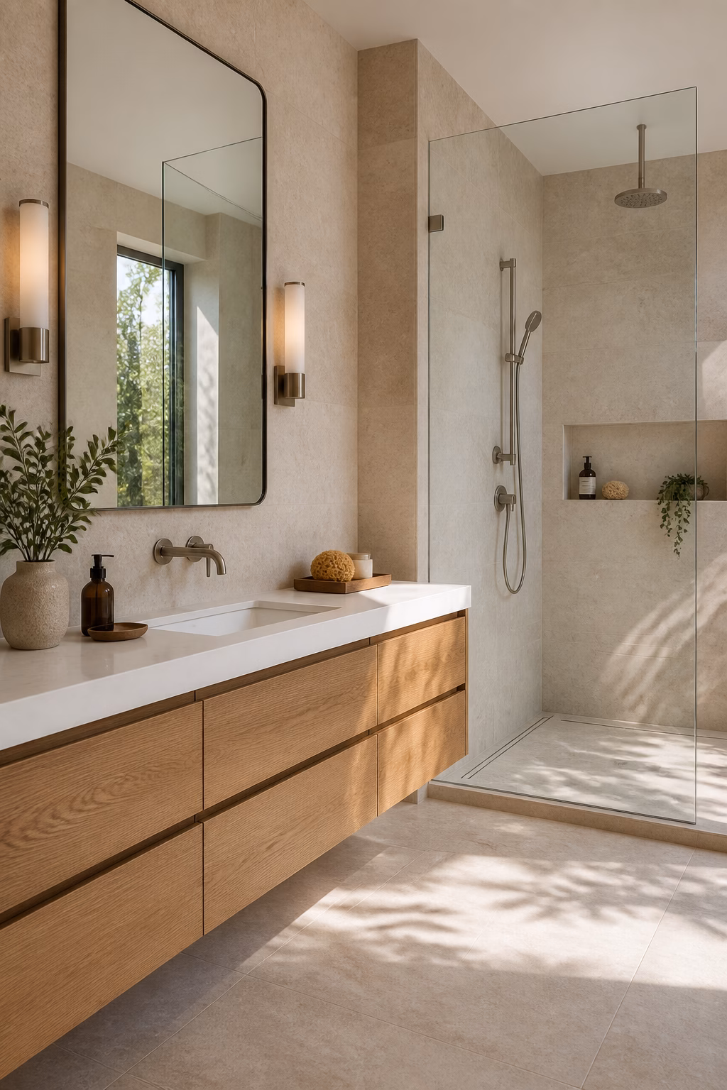 Bathroom with low-curb glass shower, continuous tile floor, linear drain, and niche