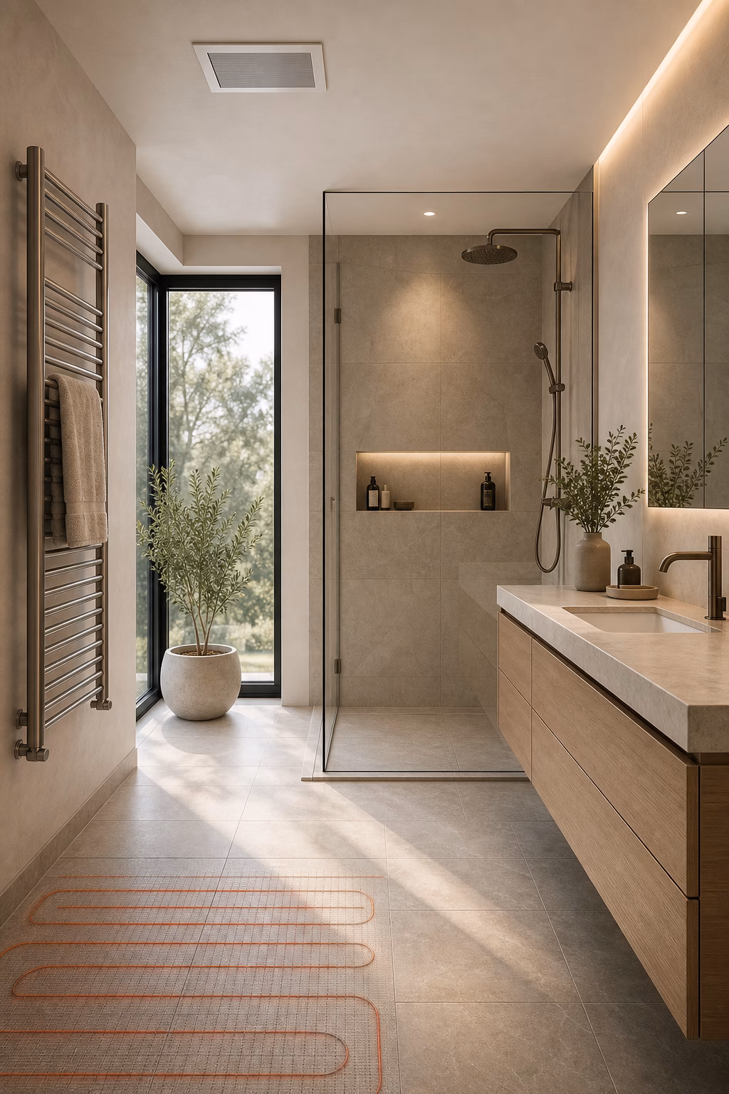 Polished bathroom with discreet ceiling ventilation, glass shower, dry towels, and stone tile
