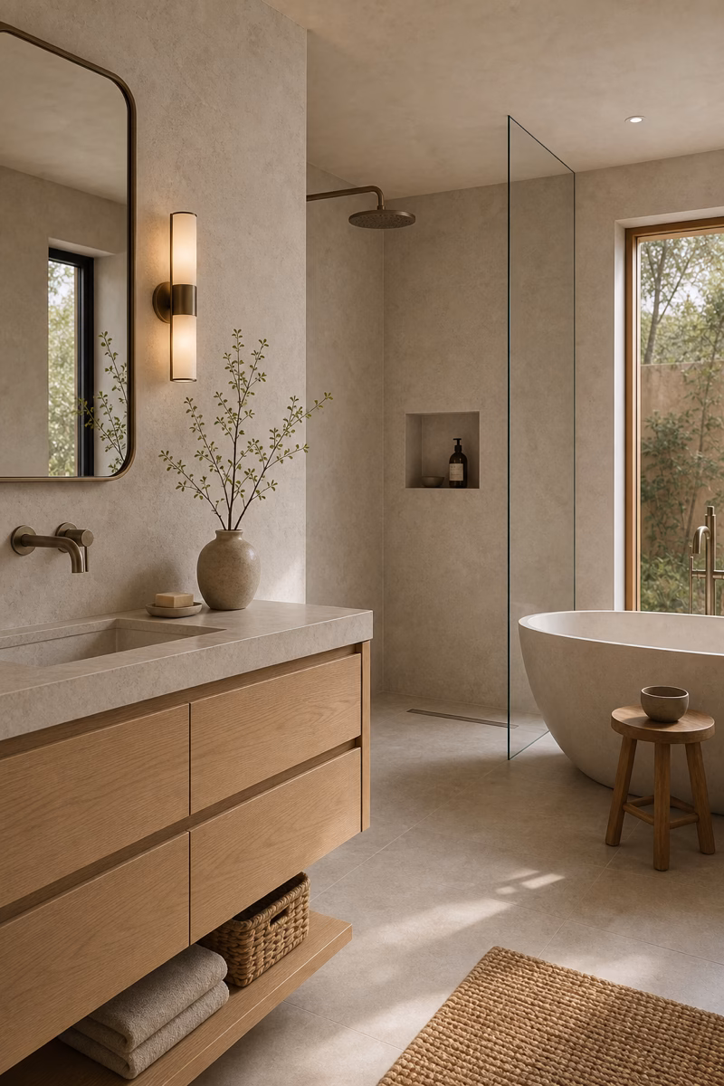 Bathroom vanity with tall slab-look backsplash, wall-mounted faucets, and oak drawers
