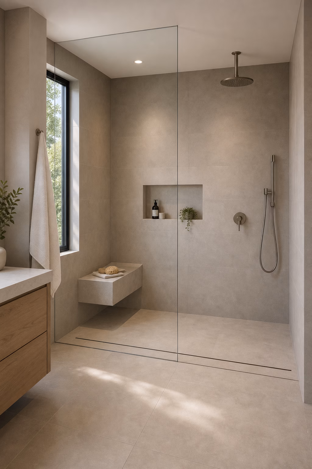 Bathroom with layered ceiling light, face-level sconces, under-vanity glow, and glass shower