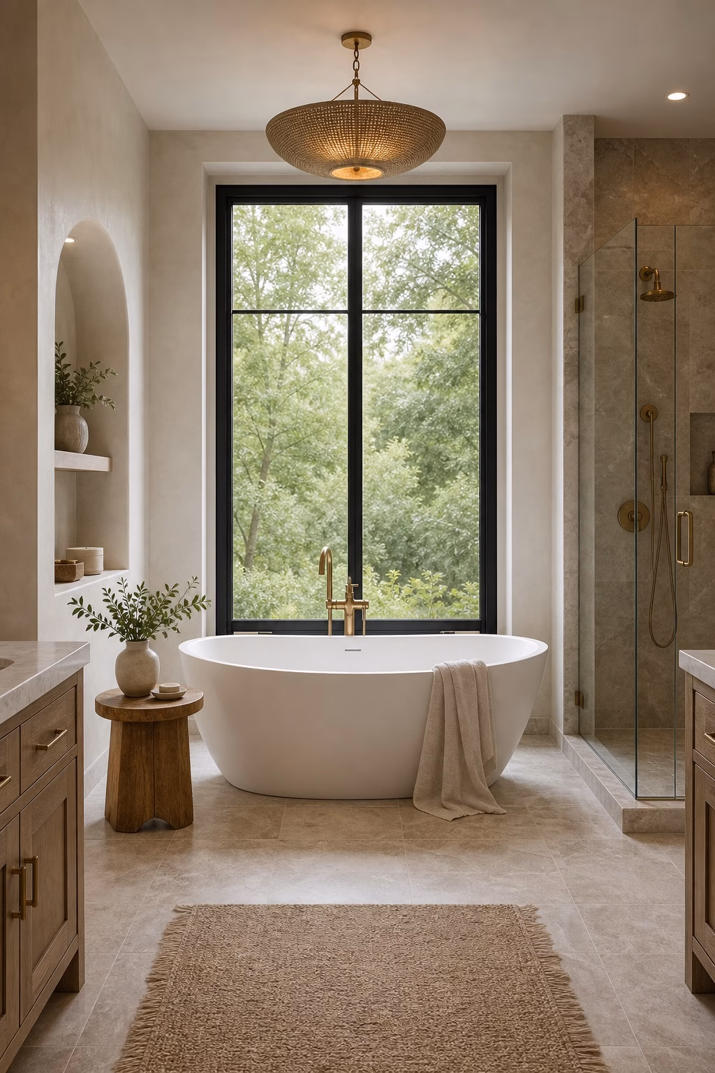 Refined bathroom with recessed mirrored cabinets, linen tower, vanity drawers, and uncluttered surfaces
