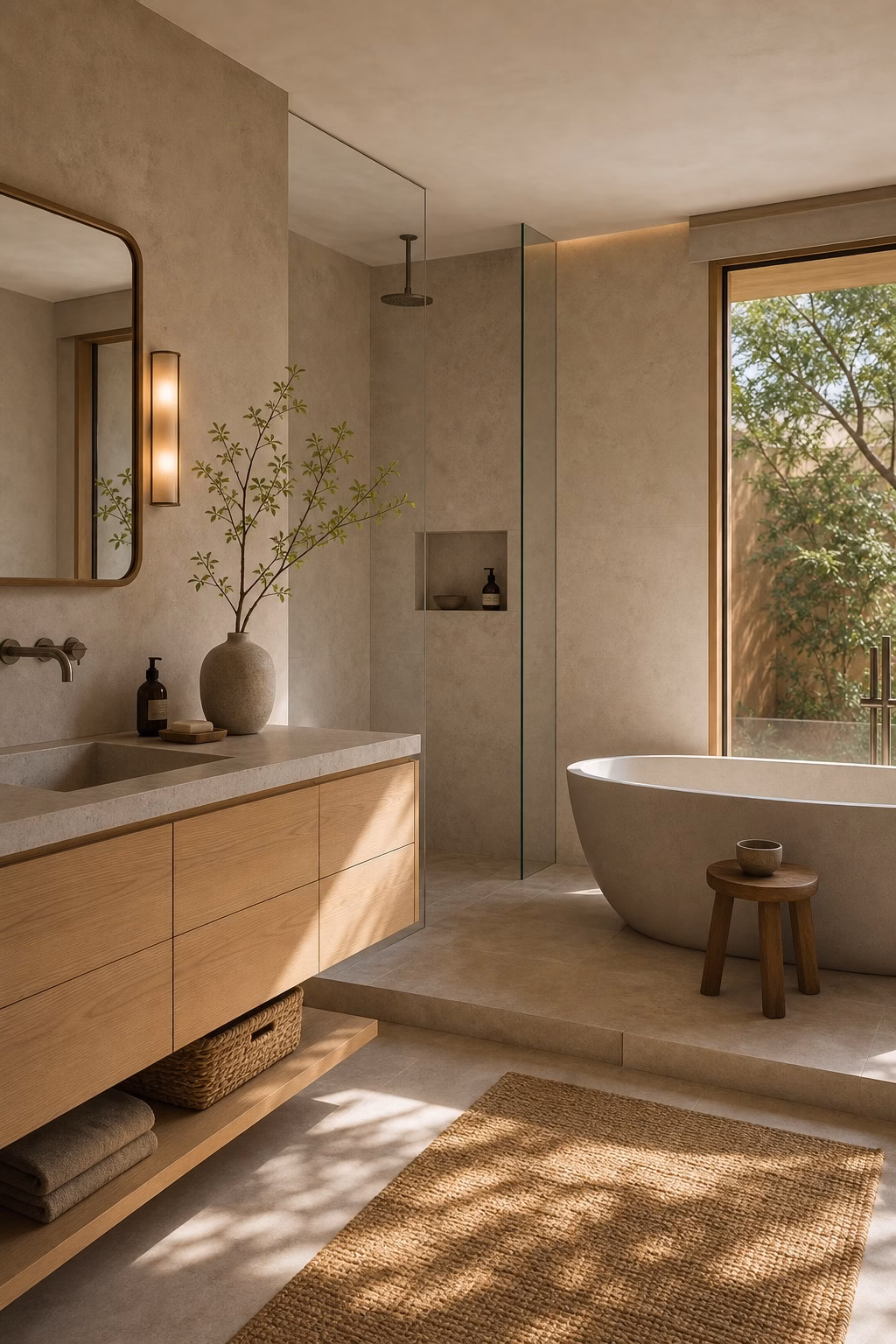 Bathroom with freestanding oval tub, generous clearance, stone floor, and nearby towel stool