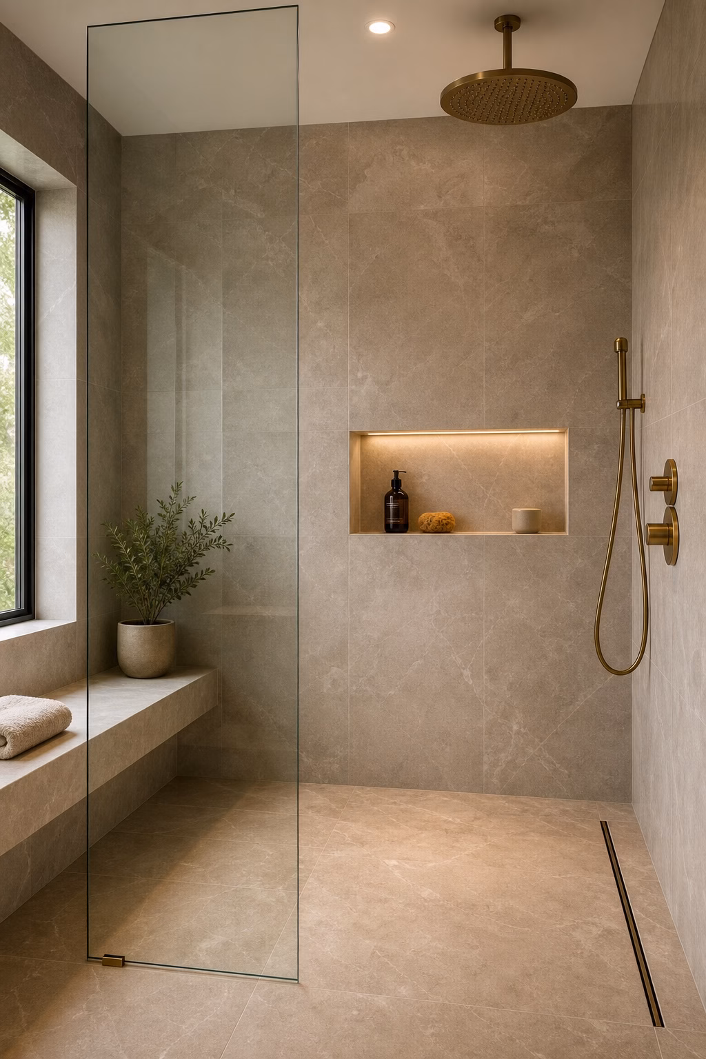 Double vanity bathroom with two tall mirrors, sconces, stone backsplash, and balanced spacing