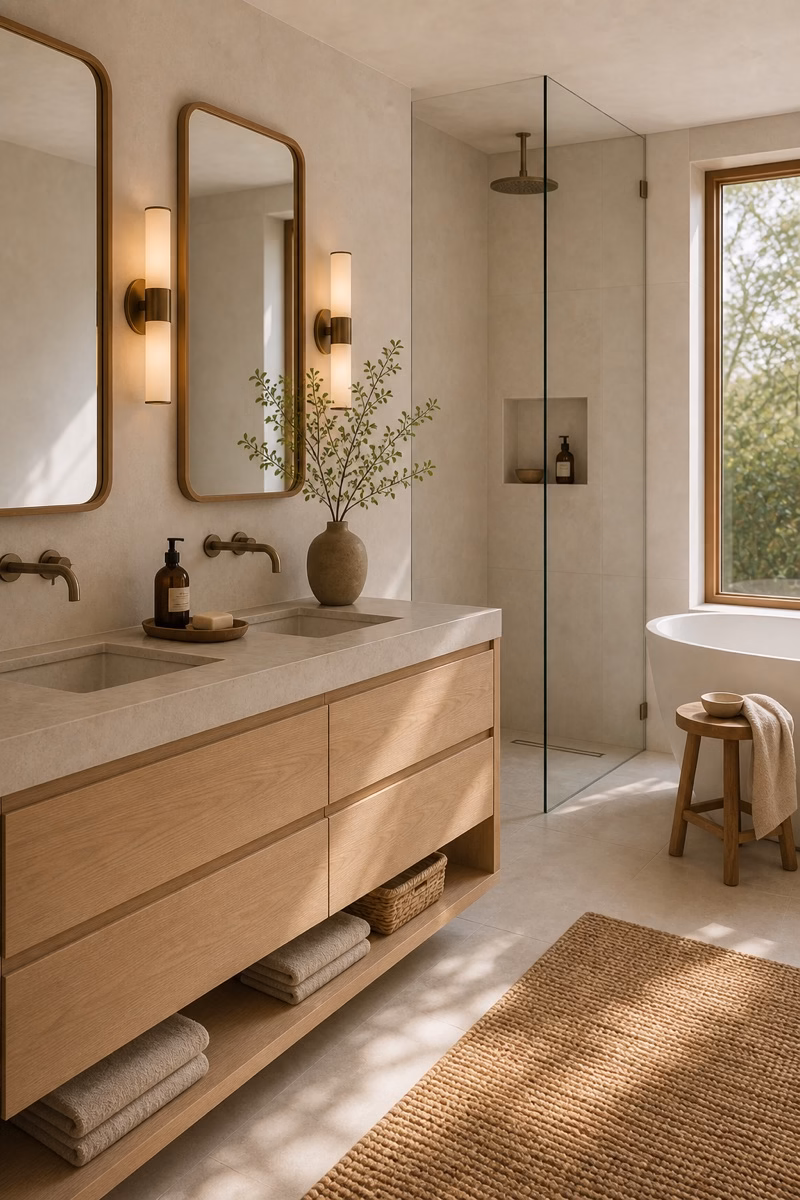 Soft neutral bathroom with warm white, greige, light oak, dark bronze accents, and stone textures