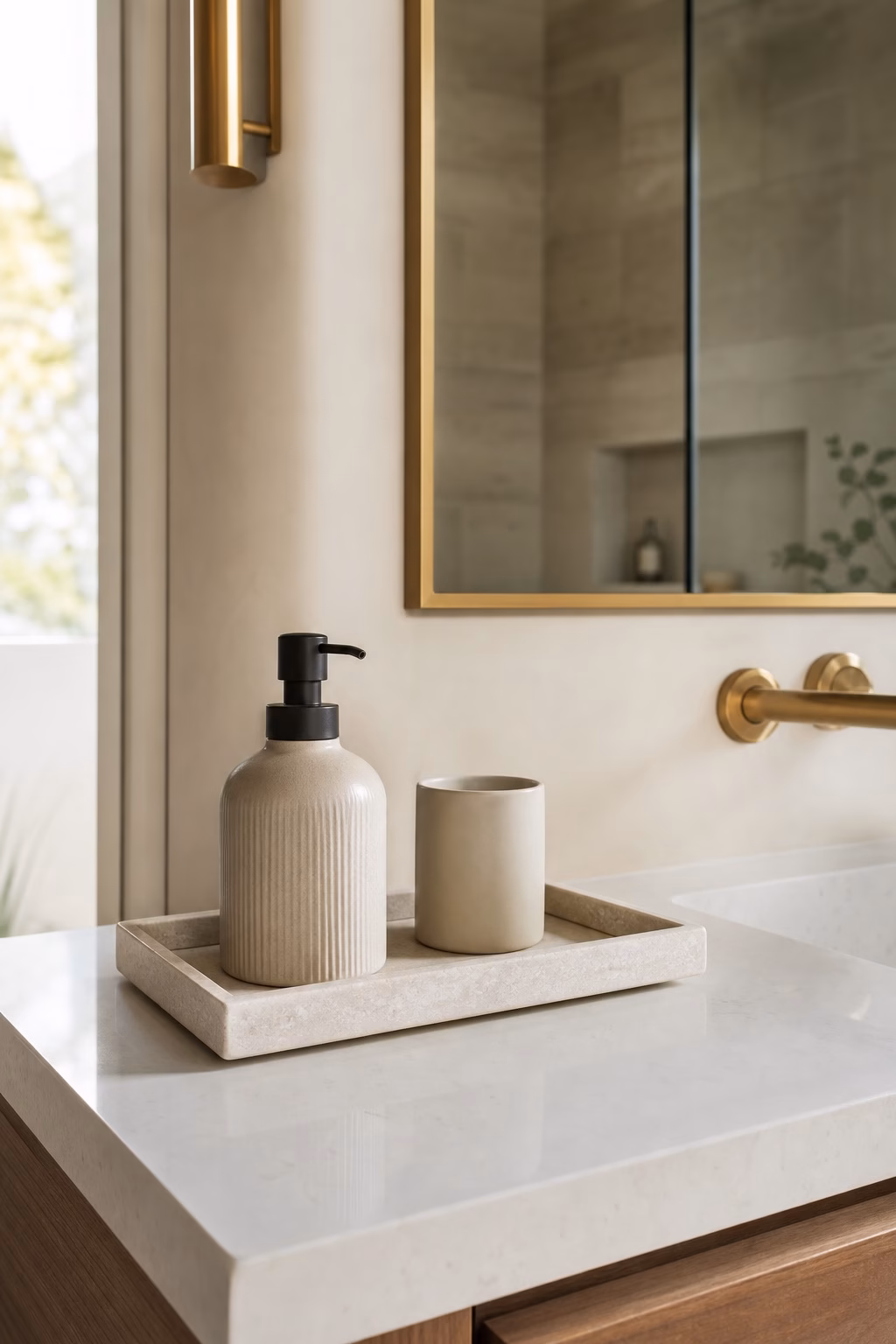 Bathroom with smoky blue vanity, light stone counter, warm white tile, and brass hardware