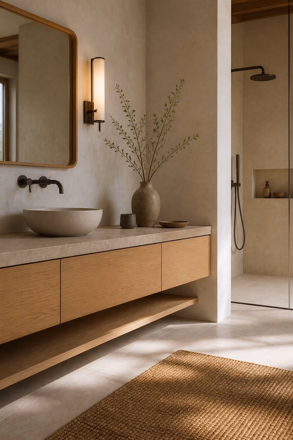Serene bathroom with branch arrangement, teak stool, stone tray, warm tile, and glass shower