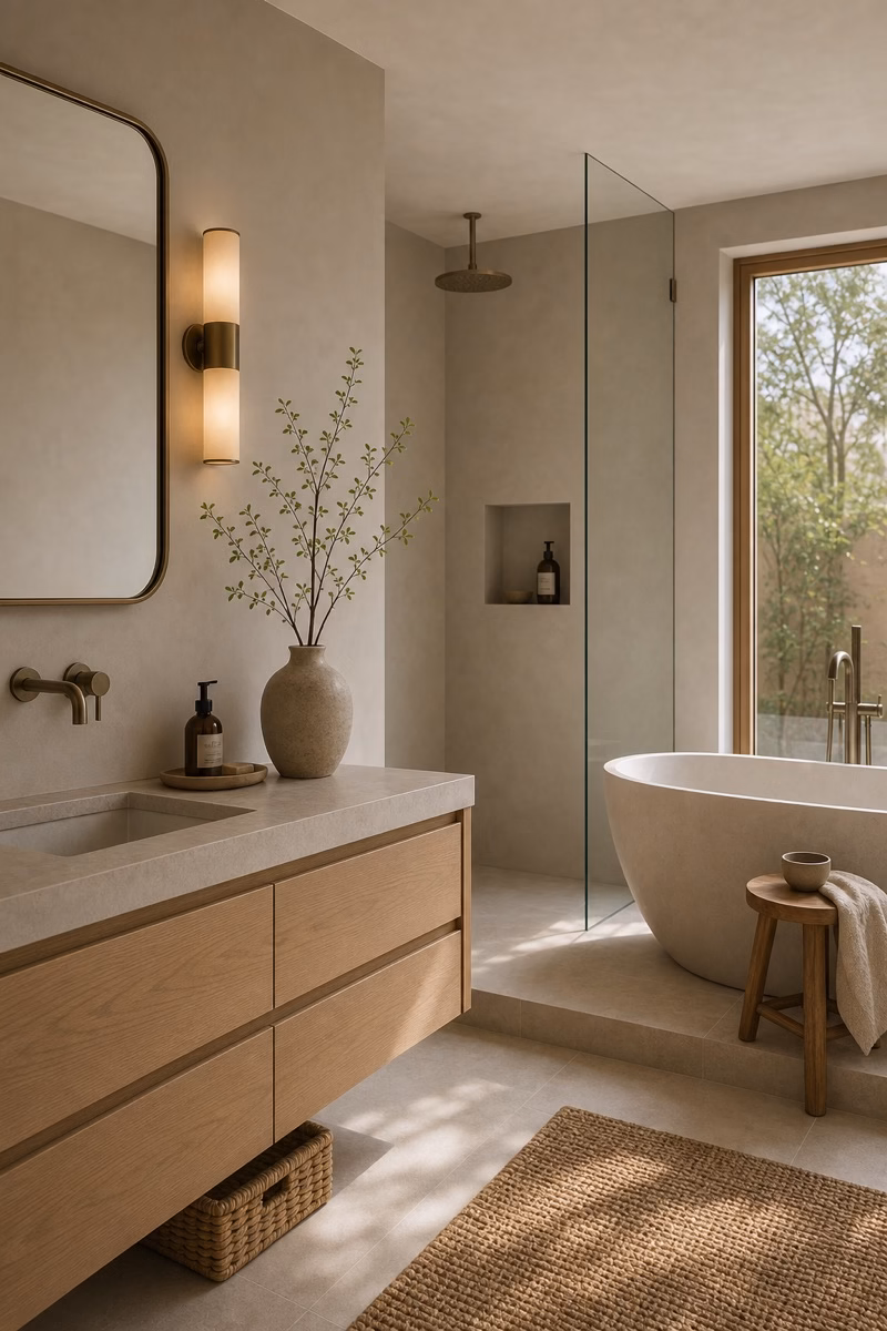 Polished bathroom with discreet ceiling ventilation, glass shower, dry towels, and stone tile