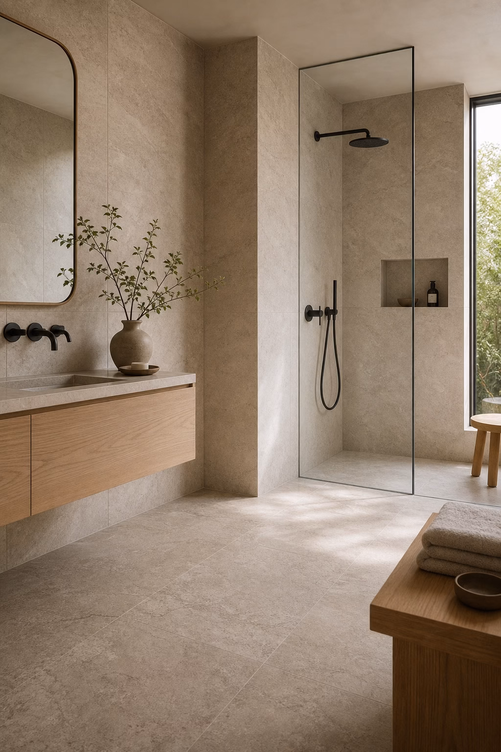 Comfortable bathroom with teak stool beside freestanding tub, folded towel, and stone floor