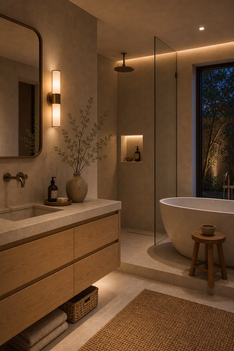 Calm bathroom doorway view with elegant vanity, aligned mirror, soft lighting, and clear shower glass