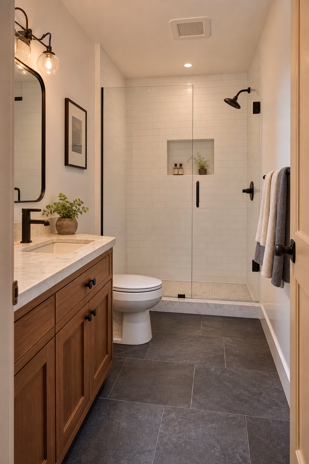 Bathroom remodel planning scene with existing vanity, tile, samples, and measuring tape