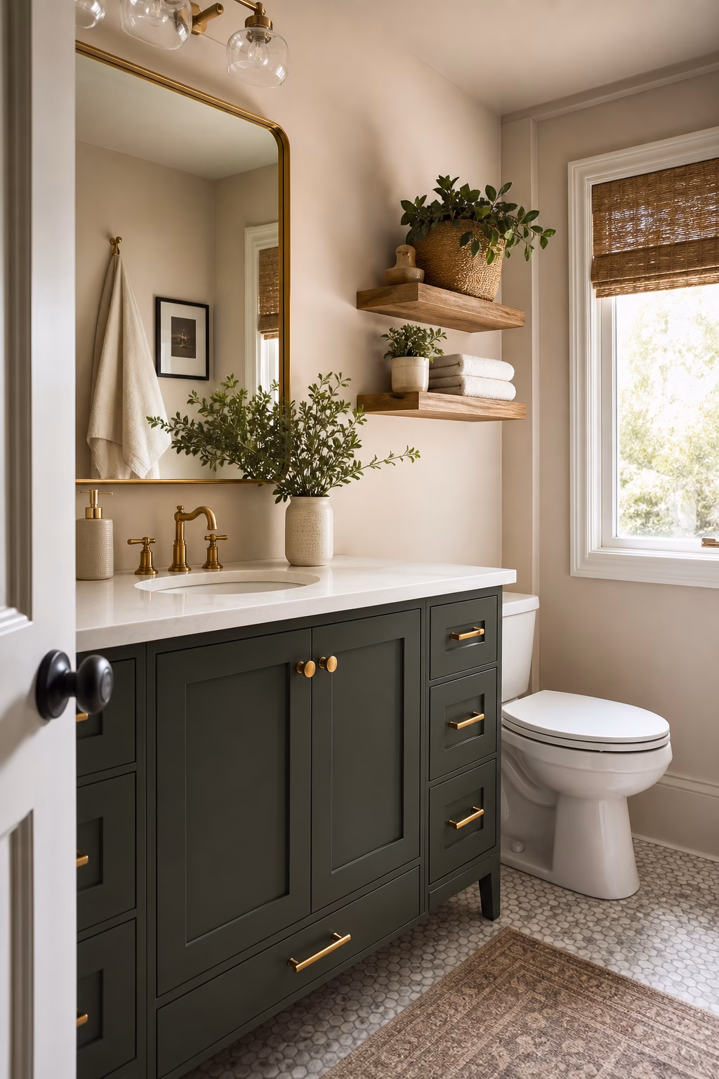 Remodeled bathroom with freshly painted greige vanity, brass pulls, and white stone counter
