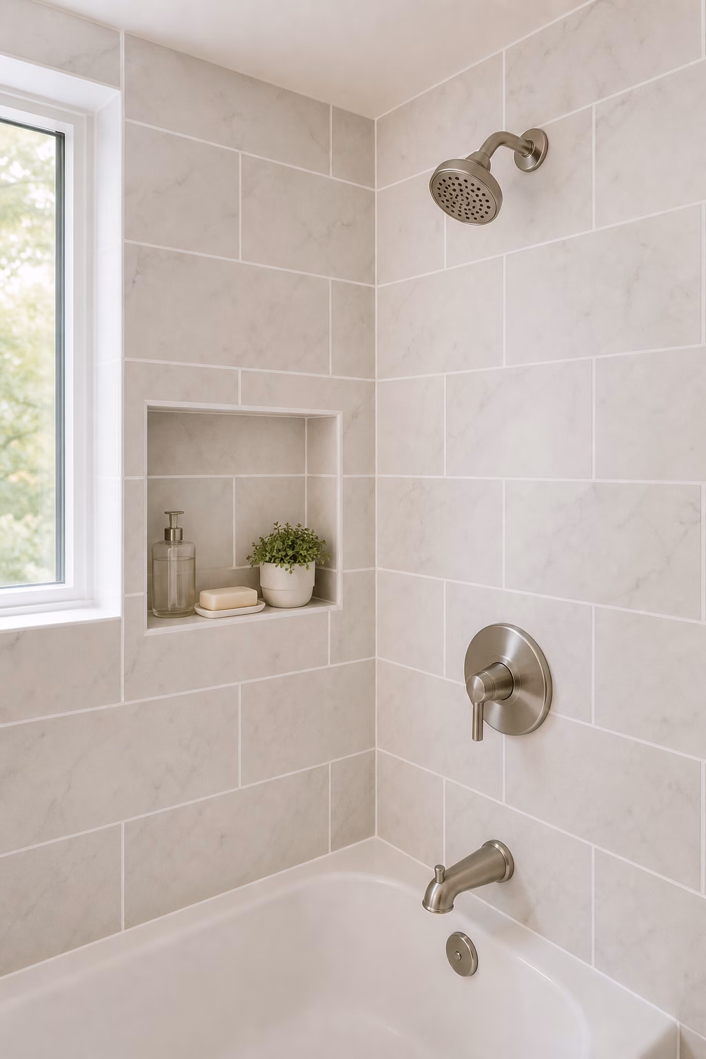 Bathroom remodel with refined waterproof limestone-look flooring and painted vanity