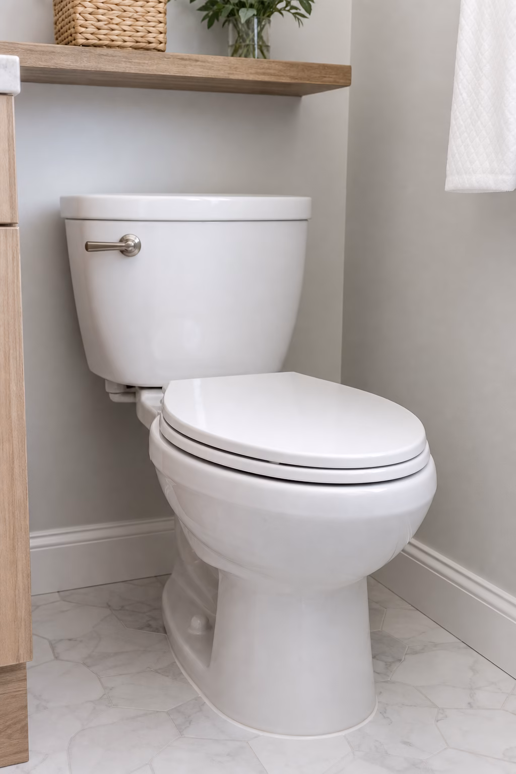 Bathroom remodel with freshly painted taupe walls, crisp trim, updated sconces, and neutral tile