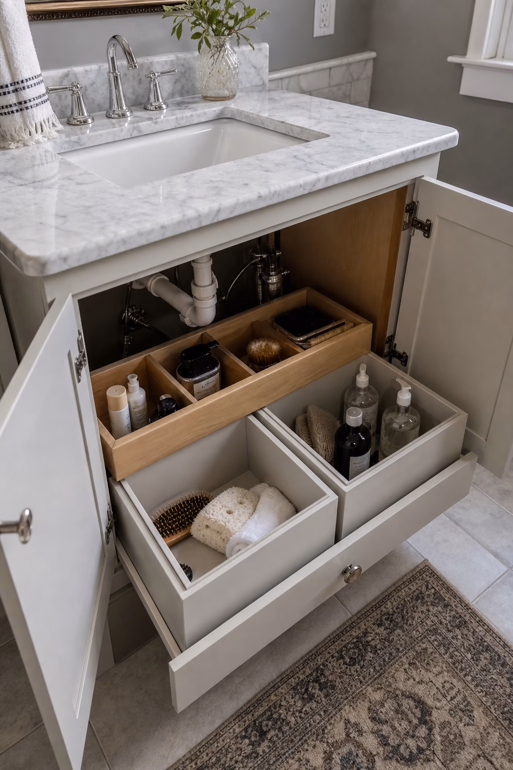 Remodeled bathroom with teak stool, honed stone tray, folded towels, and neutral tile