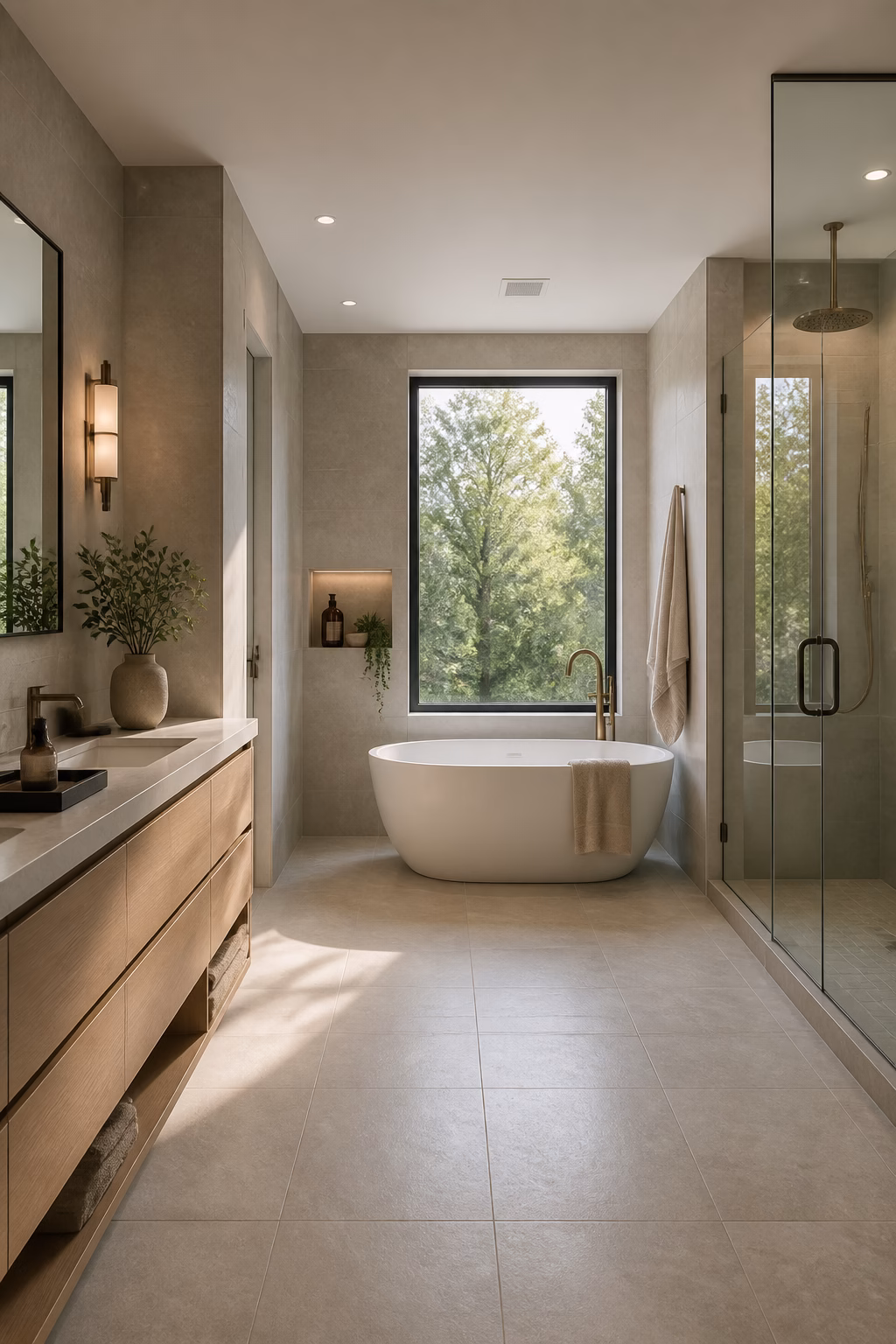 Modern bathroom with fluted warm white tile behind a floating oak vanity