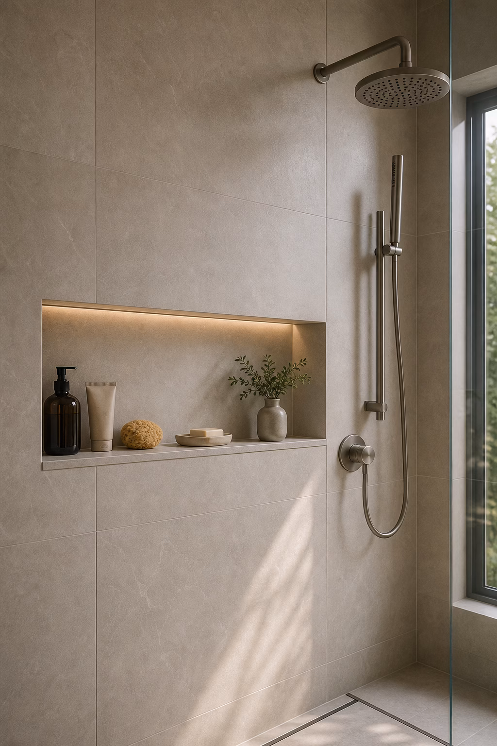 Luxury shower niche with mitered stone-look tile, aligned grout lines, and a practical shelf