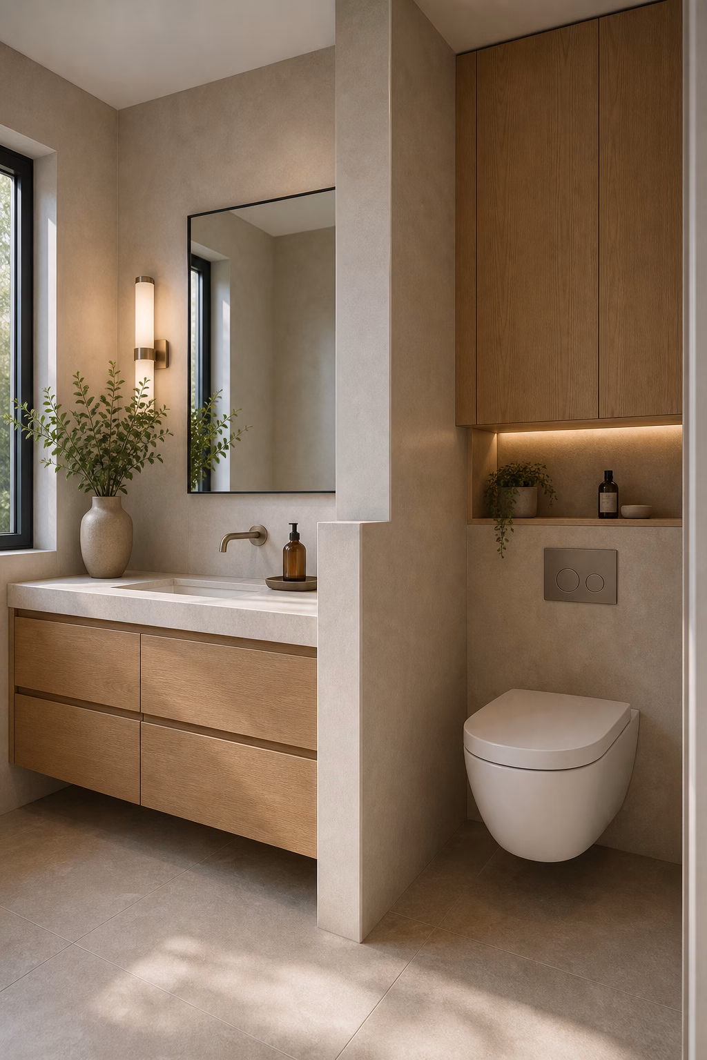 Elegant bathroom with smoky teal satin tile behind a wood vanity and brass fixtures