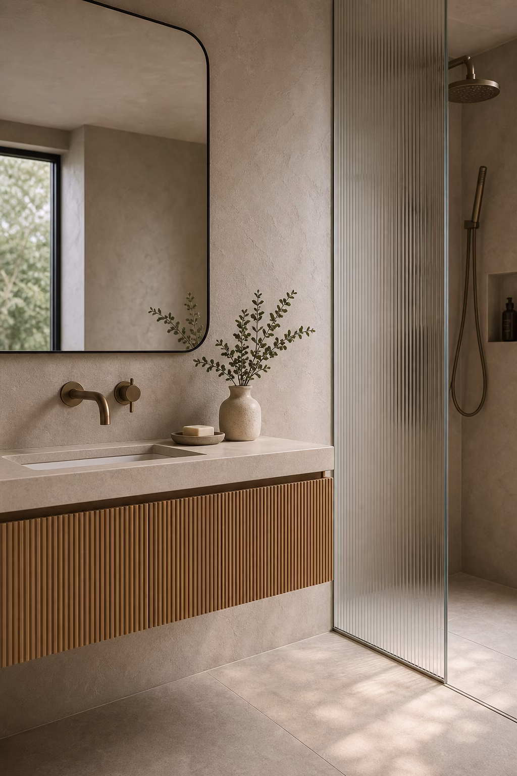 Tall bathroom shower with vertically stacked warm white tile running to the ceiling