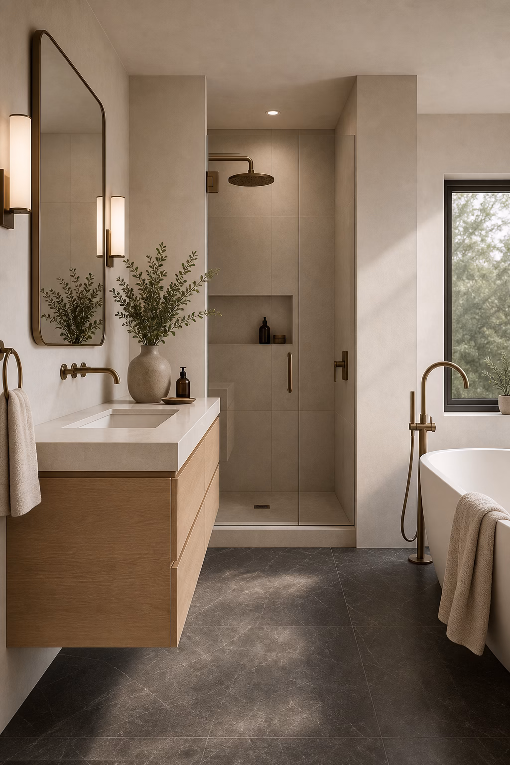 Calm bathroom with matte greige porcelain tile, oak vanity, glass shower, and soft daylight