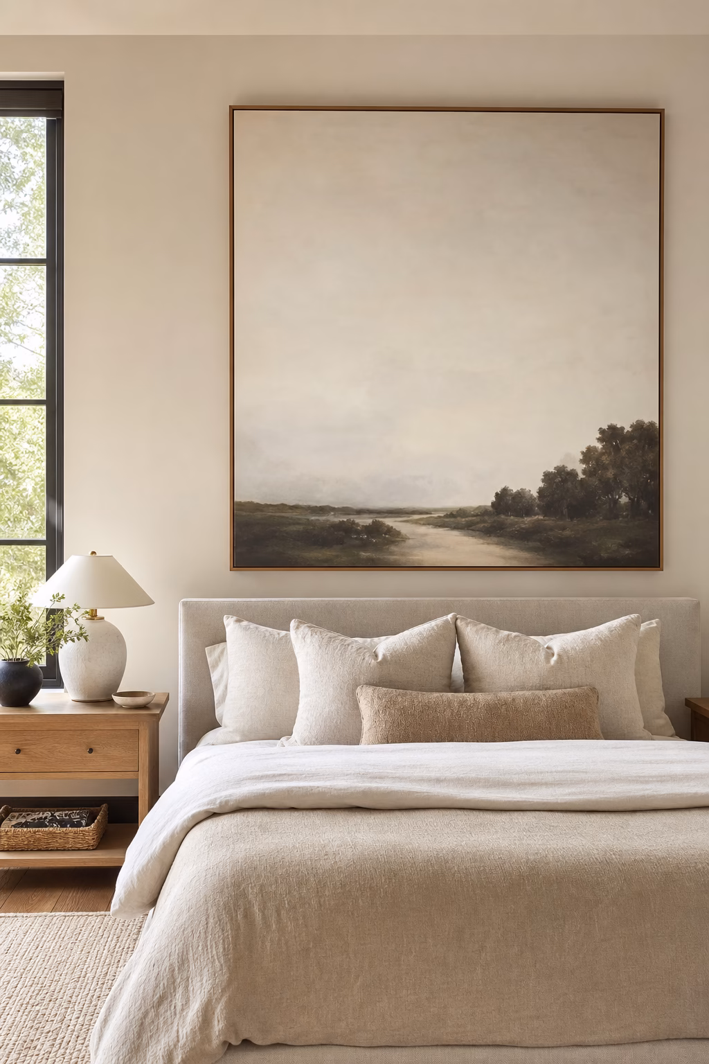 Oversized tonal artwork anchoring a serene bedroom bed wall