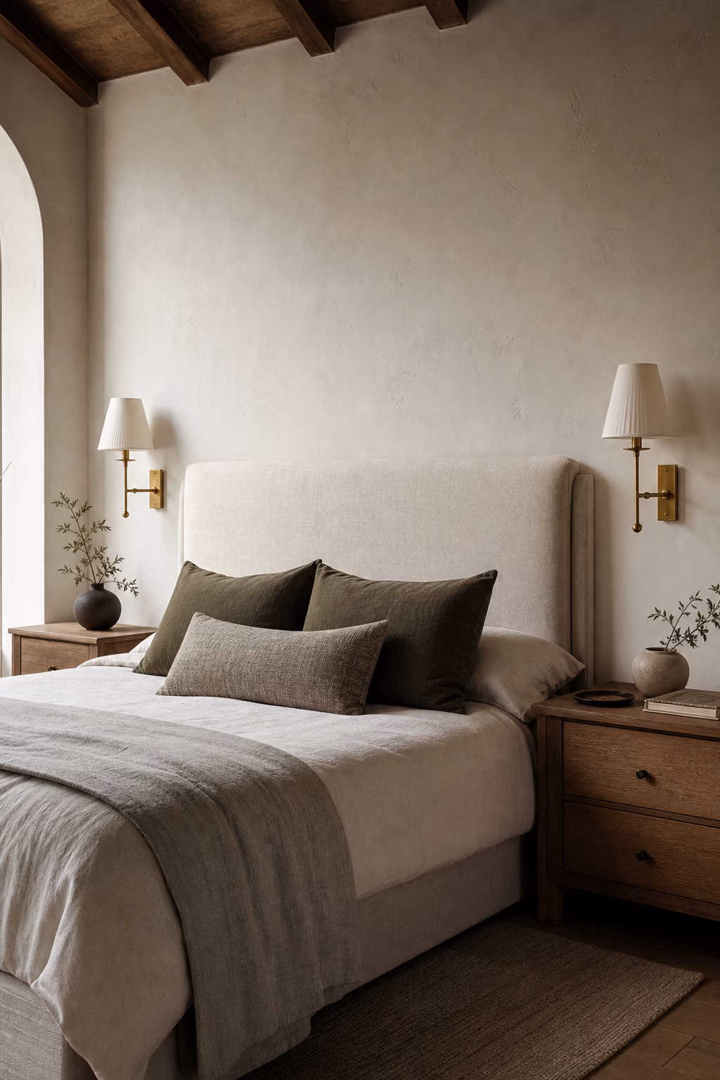 Warm wall sconces framing an upholstered bedroom headboard