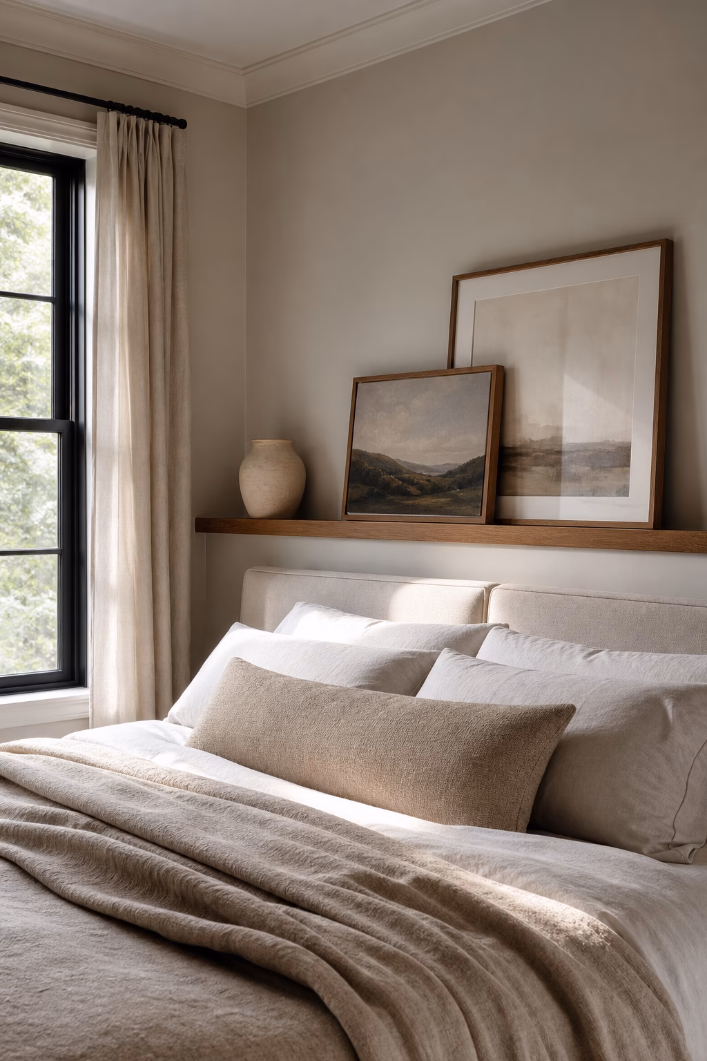Slim picture ledge with layered art above a calm bedroom bed