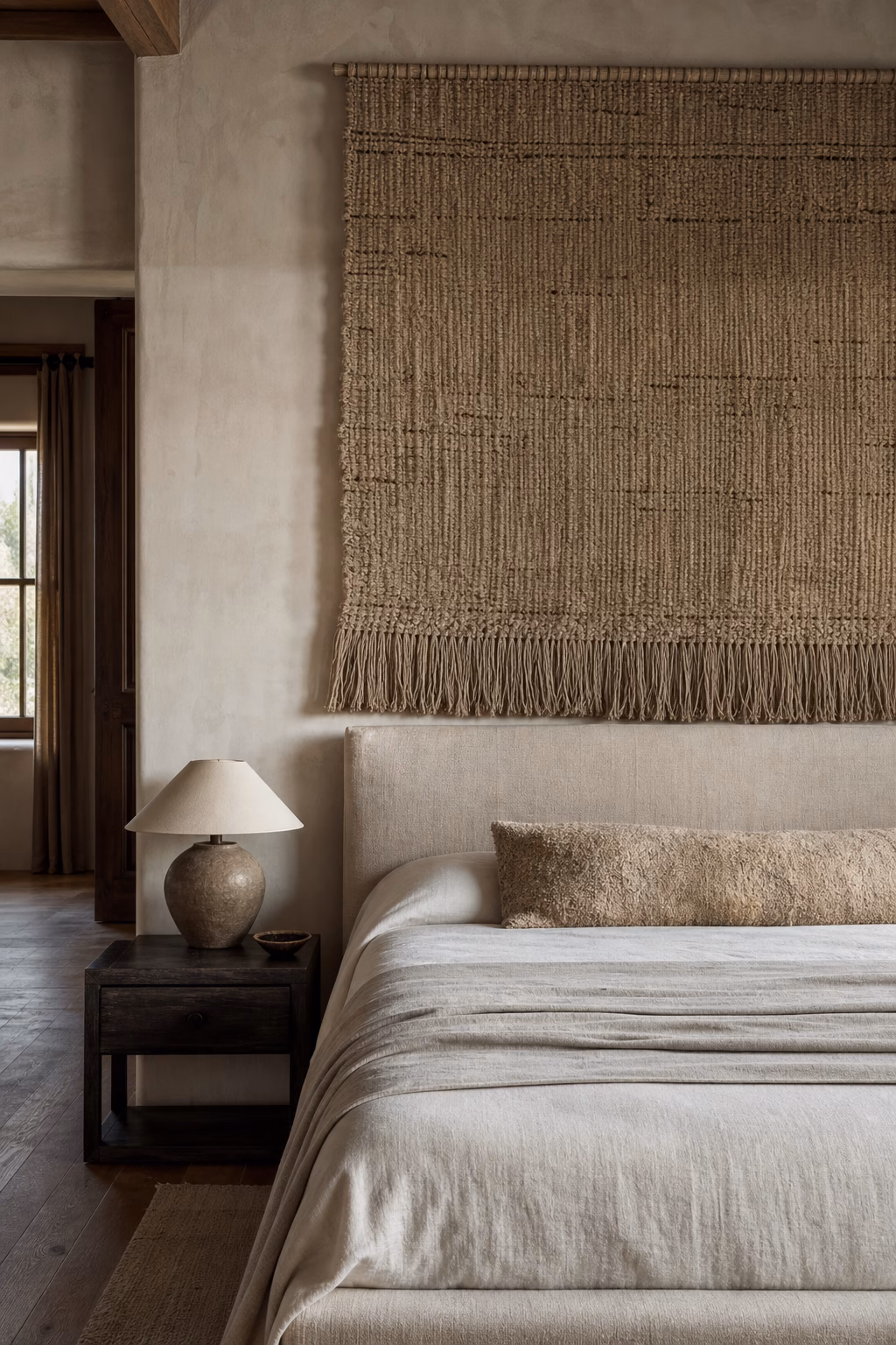 Neutral woven textile panel softening a sophisticated bedroom wall