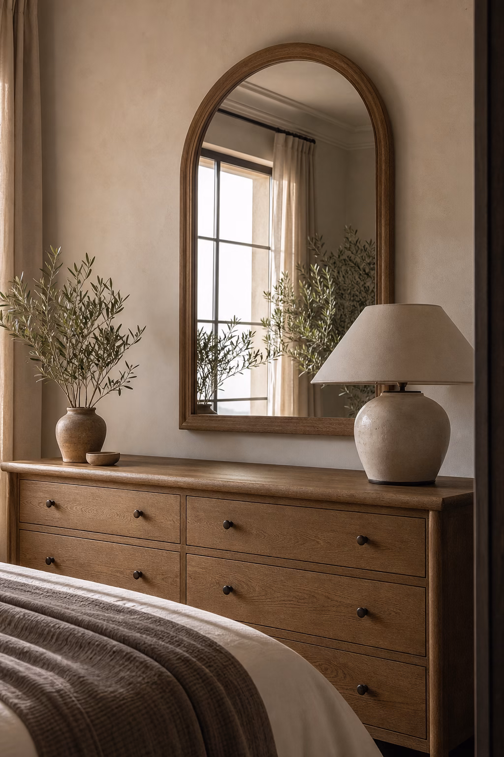 Arched oak bedroom mirror reflecting natural light above a dresser
