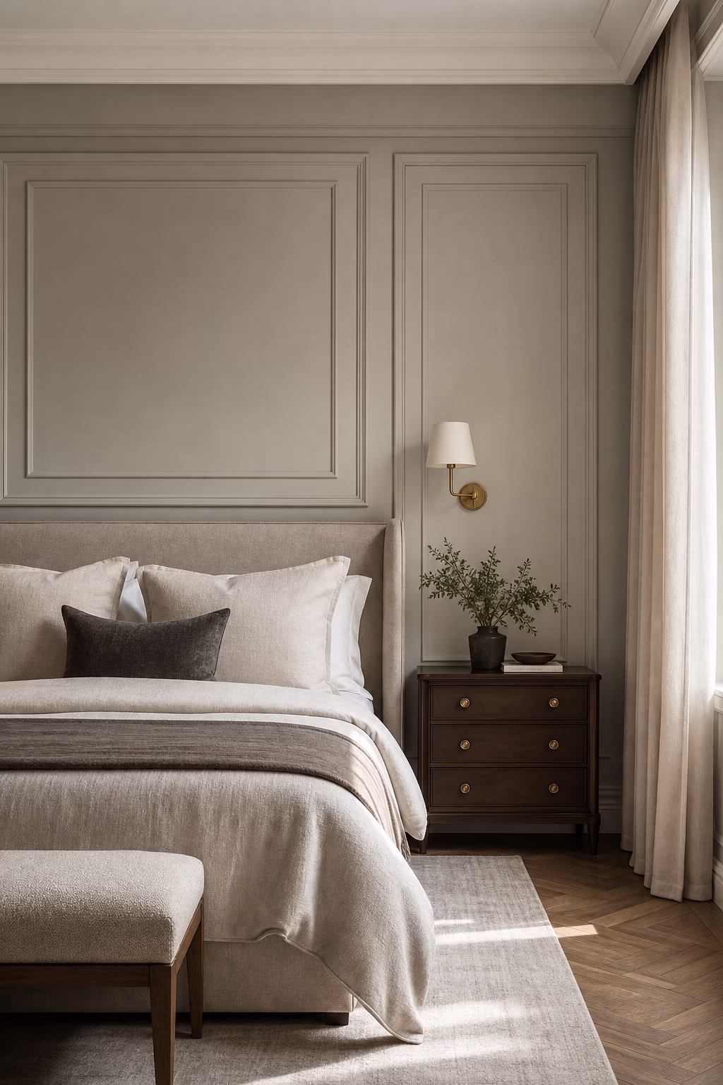 Painted wall panel molding adding architecture behind a bedroom bed