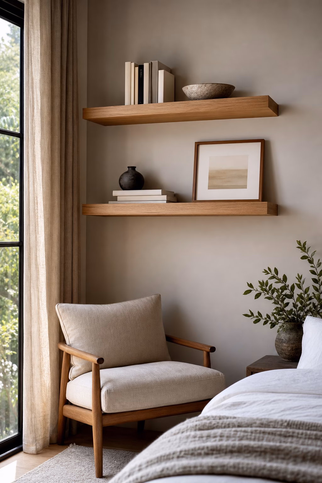 Sparingly styled oak floating shelves in a peaceful bedroom corner