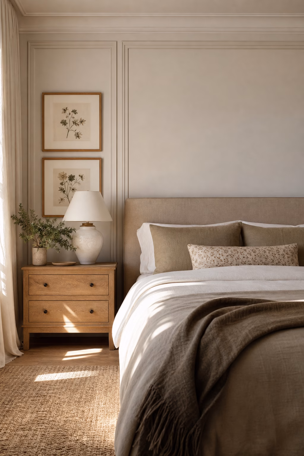 Small framed bedroom art placed above matching oak nightstands