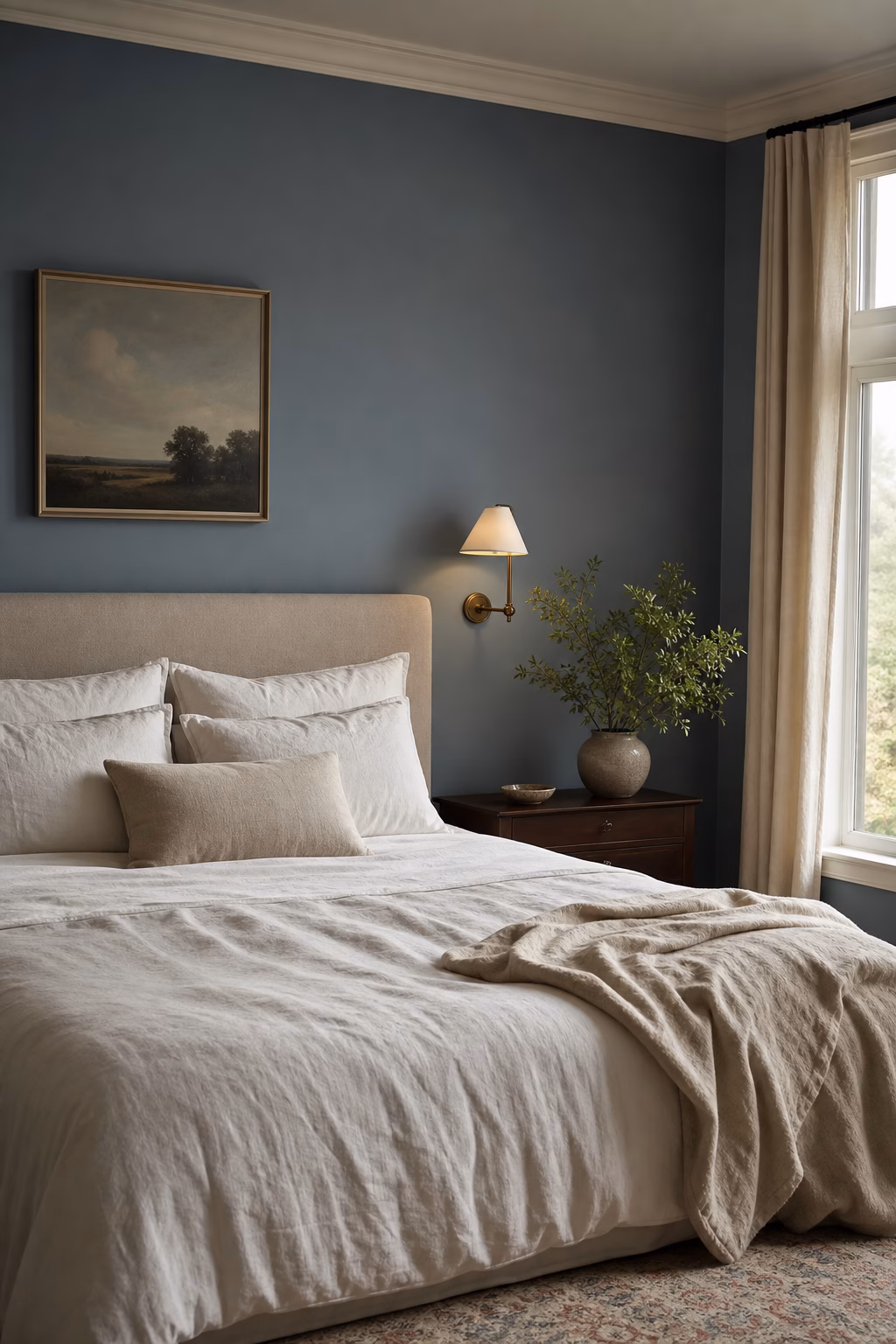 Smoky blue painted headboard wall giving a cozy bedroom more presence