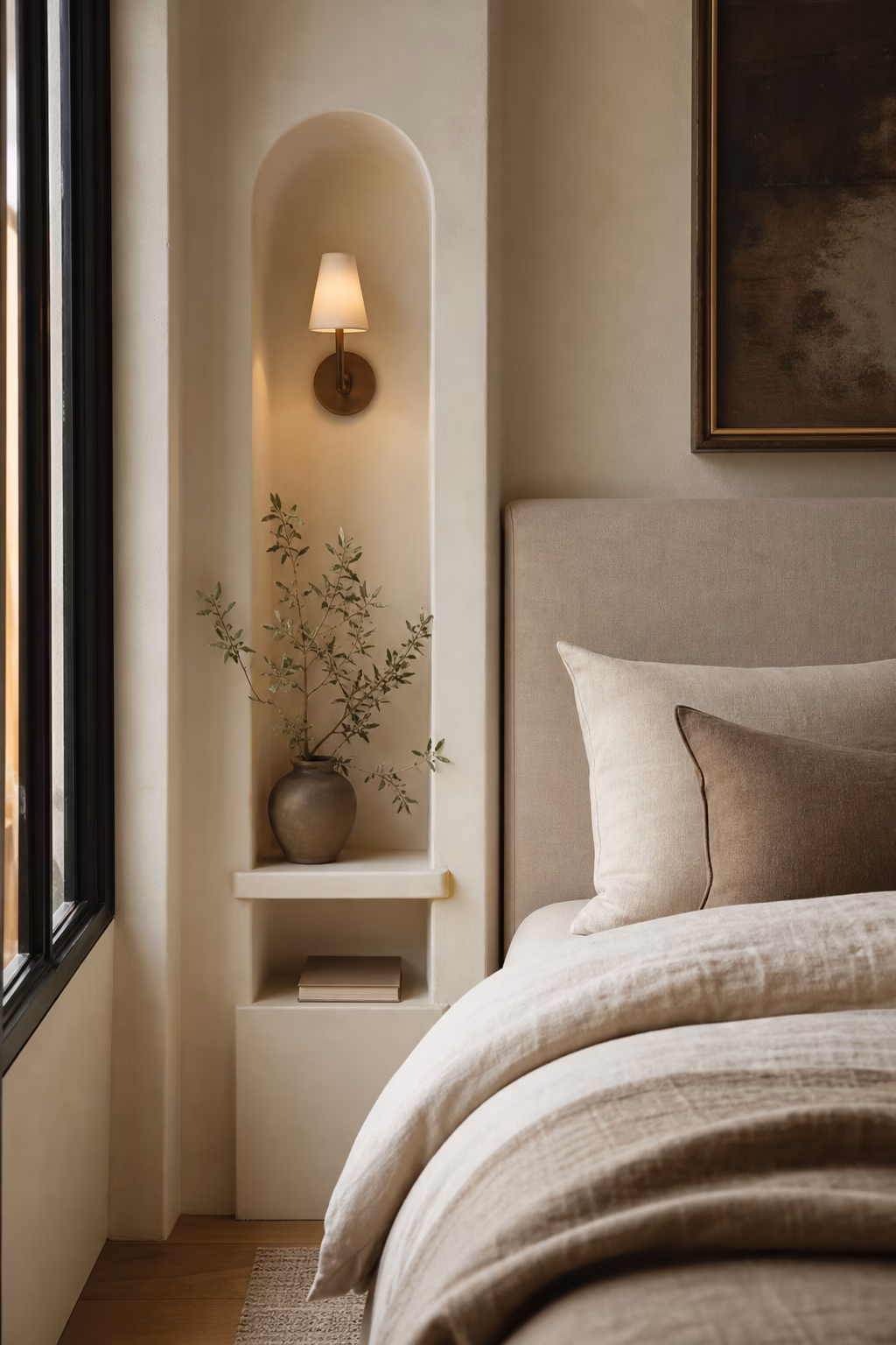 Narrow arched bedside niche adding architectural bedroom wall decor