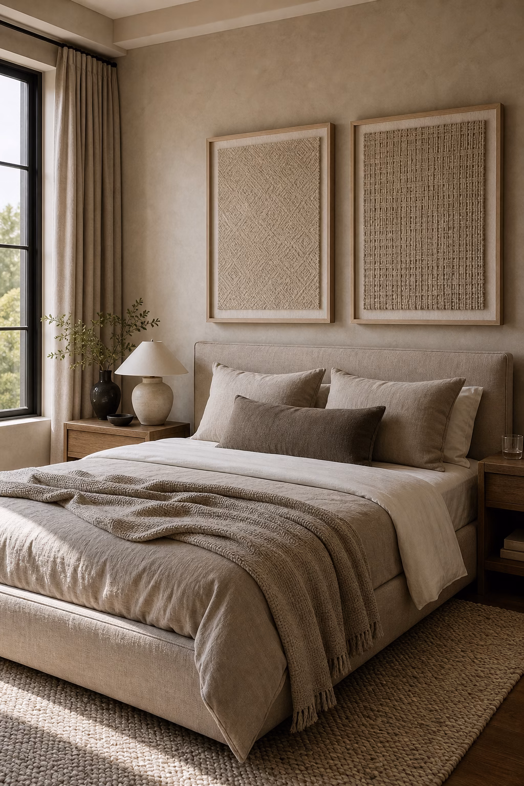 Pair of framed neutral textiles adding soft texture above a bedroom bed