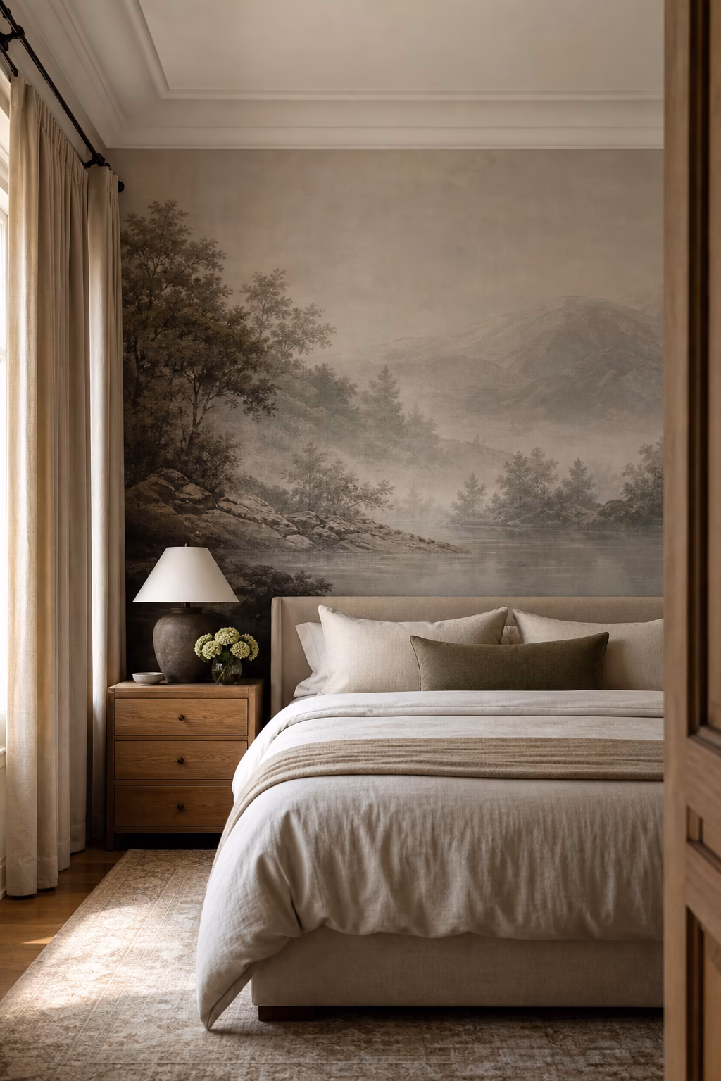 Muted misty landscape mural creating a serene bedroom focal wall