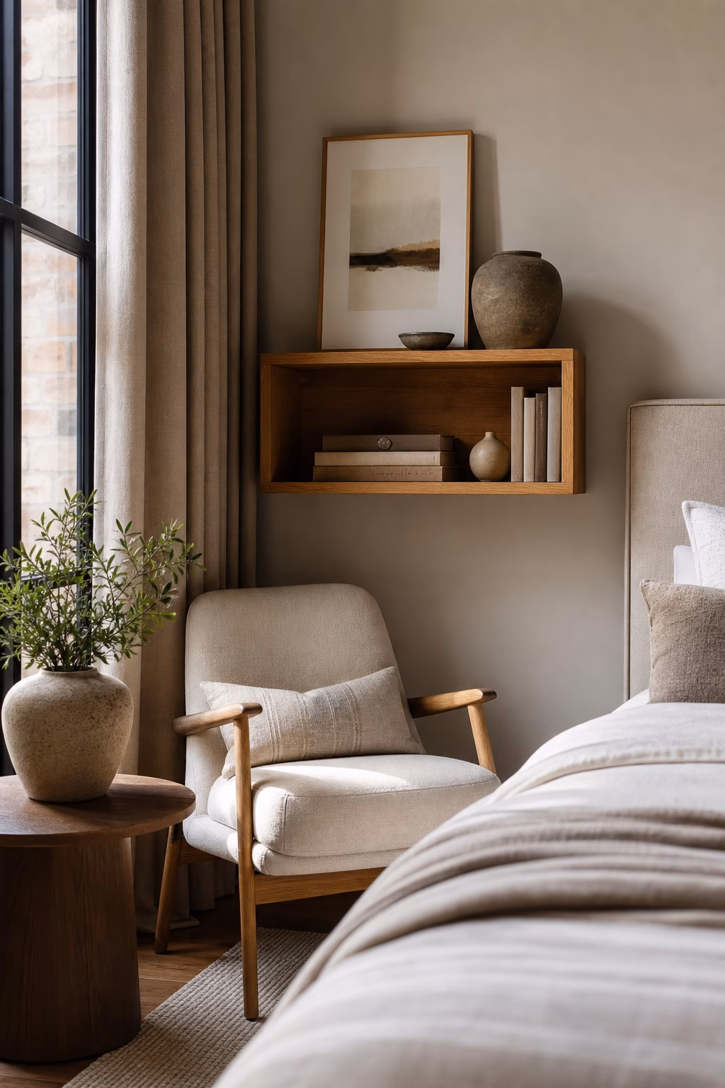 Small oak wall shelf layering art and ceramics in a bedroom reading corner