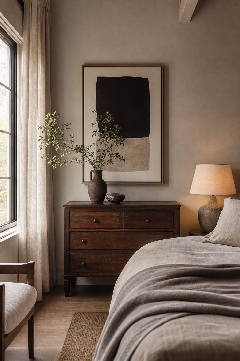 Meaningful framed personal artwork giving a serene bedroom quiet character